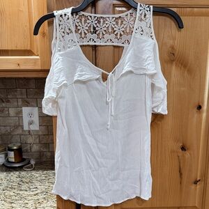 Iz Byer White Crochet Yoke Cold-Shoulder Tie Blouse